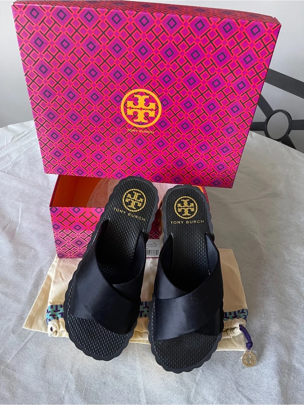 Tory Burch Black Satin Scallop Wedge Platform Cross-Strap Slide Sandals